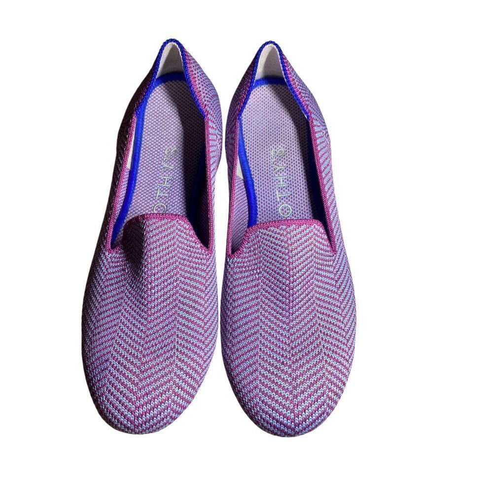 Rothys Pink & Gray Chevron Knit Loafers Slip-On Flats with Blue Trim Size 6